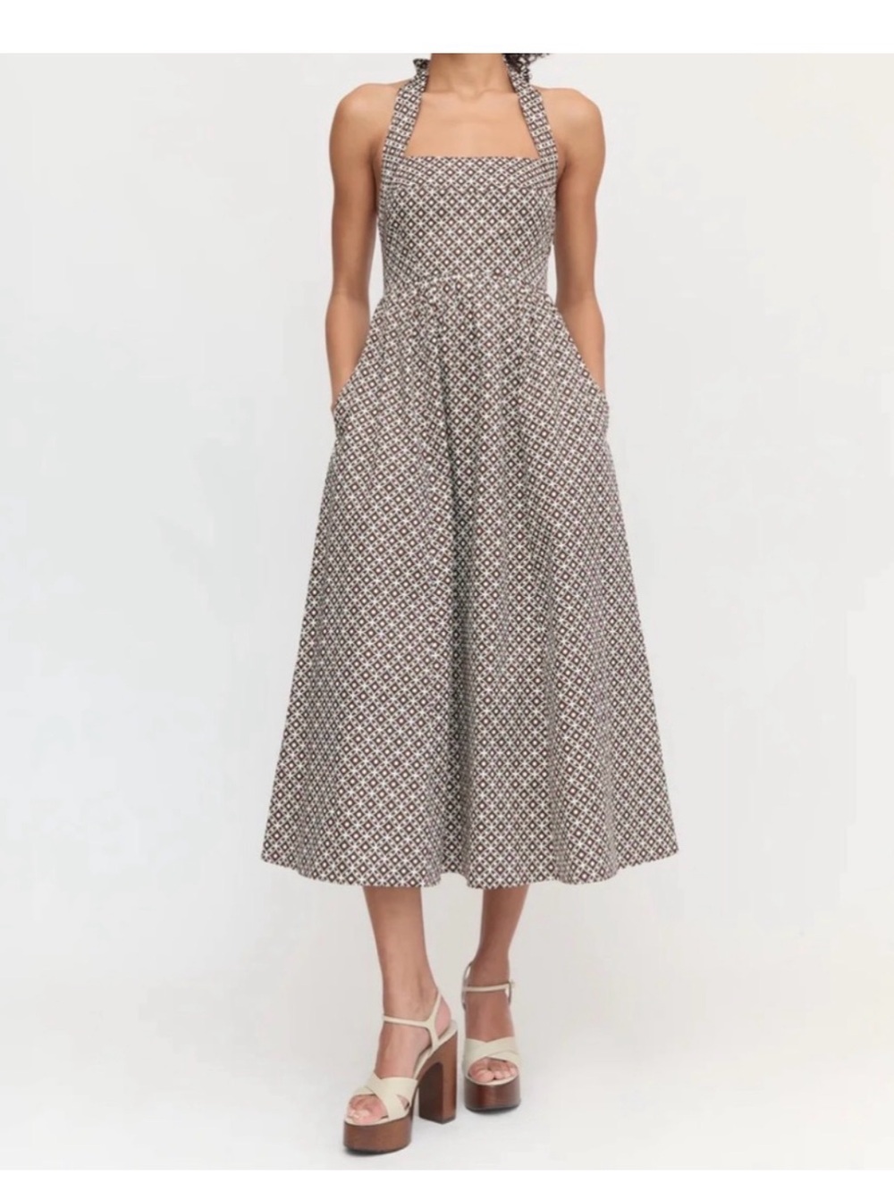 Hill House Neutral Black and Cream Halter Midi Dress